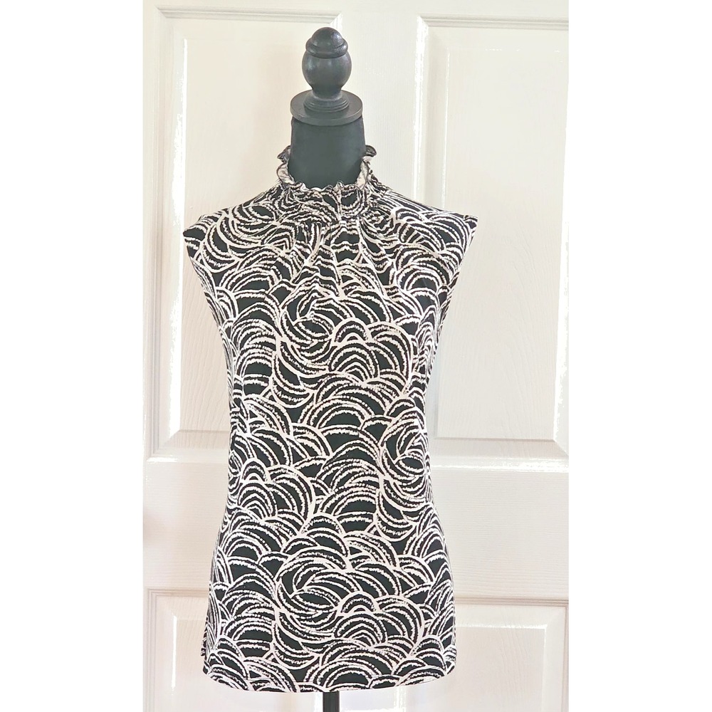 Women's Sleeveless Top by Serenade with Ruffled Mock Neck in Black and White Sz